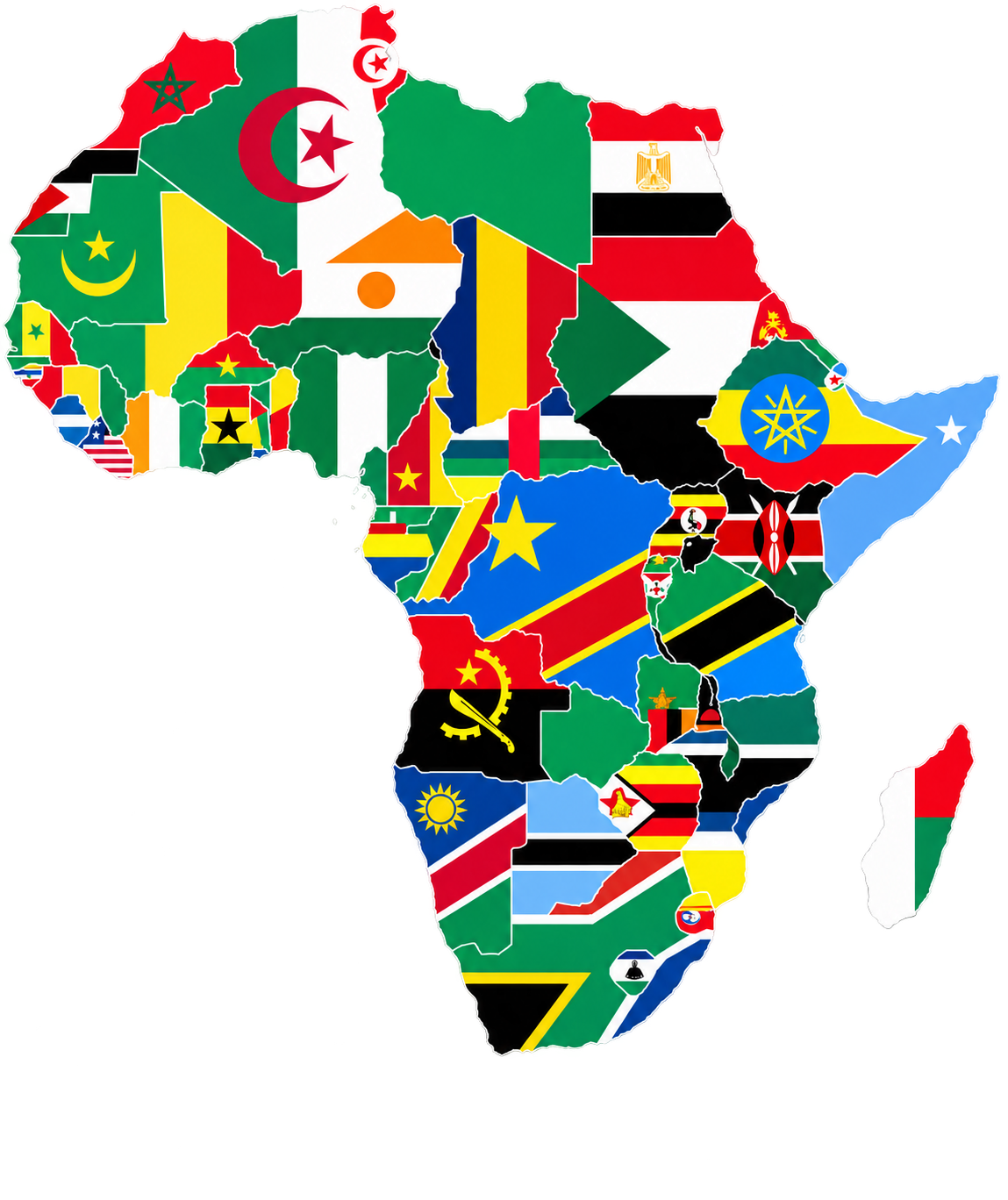 A map of Africa illustrated with the flags of its nations